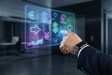 Man hand touching interactive screen with currency exchange symbols. Dollar, euro, yen, pound signs on virtual display for financial trade and global economic concept.
