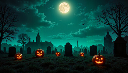 Spooky Halloween scene with glowing pumpkins in a graveyard under a full moon