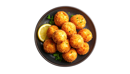 Golden-brown, breaded fried food balls with lemon on dark plate