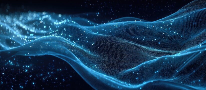 A digital rendering featuring flowing blue waves dotted with shimmering particles against a dark background - Powered by Adobe