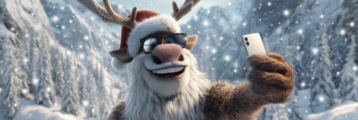 A Joyful Whimsical Cartoon Reindeer Wearing a Santa Hat, Dark Sunglasses and White Beard Takes a Selfie in a Snowy Mountain Landscape. Merry Christmas Greeting Card for Winter Holidays. Generative Ai.