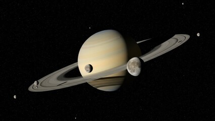 Saturn Planet With Rings and Moons in Deep Space.