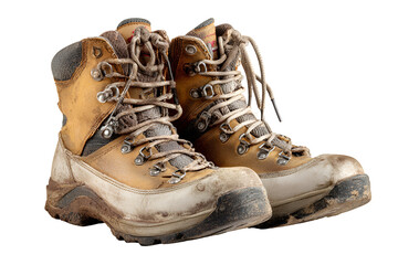 Pair of dirty brown hiking boots isolated on transparent background