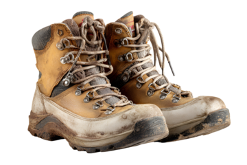 Pair of dirty brown hiking boots isolated on transparent background
