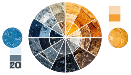 Geological color wheel showcasing varied rock textures and color palettes