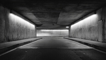Black and white tunnel with artificial lighting highlighting the concrete structure
