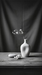 White vase with dried plant branch elegantly displayed on a rustic wooden table alongside a smooth stone and crumpled paper in a monochromatic still life.