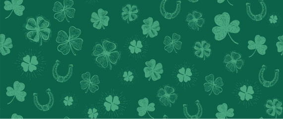 St. Patricks Day, clover pattern on green. Hand drawn illustrations	
