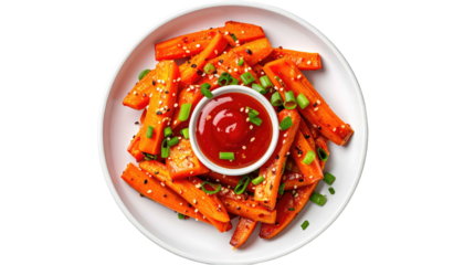 Roasted orange vegetable sticks with sauce and garnish, white plate