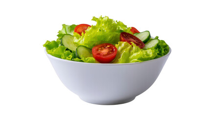 Fresh lettuce, cucumber, tomato, and leafy greens in white bowl create healthy, vibrant salad perfect for nutritious meal or vegetarian diet