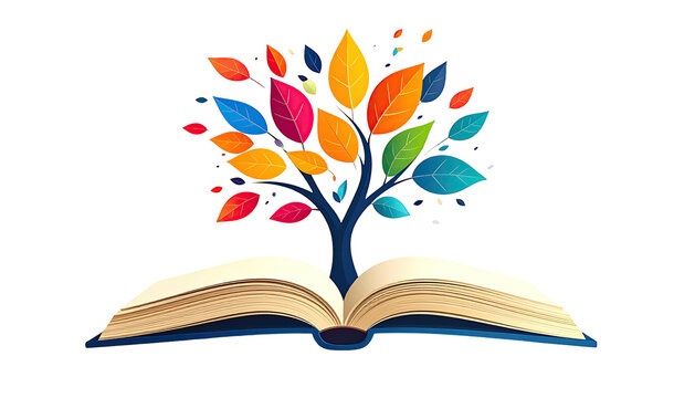 Open book with a colorful tree growing from it against a black background - Powered by Adobe