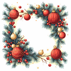 Christmas Baubles and Pine Needles Vector Frame with Red Berries on White Background