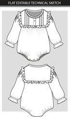 Baby Romper Technical Sketch with Ruffled Collar and Long Sleeves