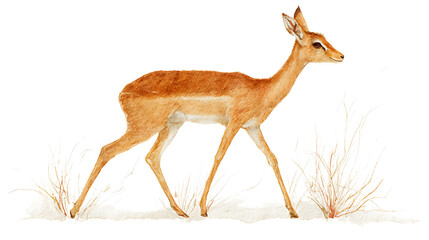 Brown gazelle walking on white background with dry grass isolated on a transparent background deer antelope