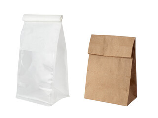 White plastic transparent bag and paper bag isolated on white background