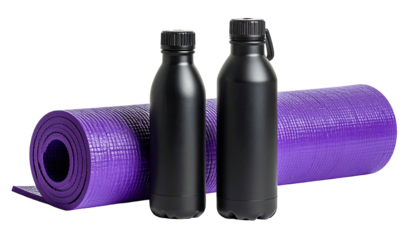 Yoga mat with two black water bottles, all set against black