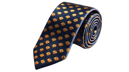 Elegant silk tie with intricate golden and orange pattern on dark blue background rolled up on pure white
