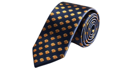 Elegant silk tie with intricate golden and orange pattern on dark blue background rolled up on pure white