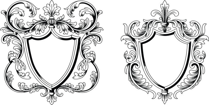 Ornate heraldic shield frames set, vintage baroque crest illustrations with floral filigree and acanthus leaves