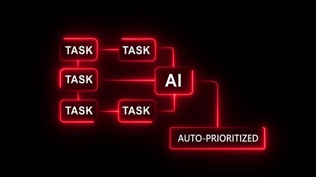 Automatic AI technology enhances task prioritization with smart digital interface and hand gesture control for efficient business process automation on a black background