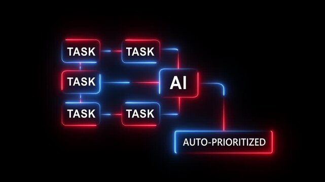 Automatic AI technology enhances task prioritization with smart digital interface and hand gesture control for efficient business process automation on a black background