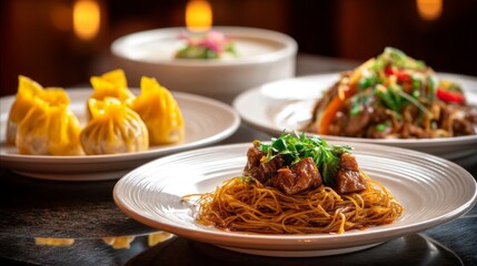 On a beautifully set Chinese dining table, colorful dishes showcase steaming dim sum, savory noodles, and vibrant garnishes, inviting everyone to enjoy an exquisite culinary adventure