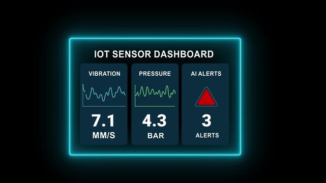 AI civil engineering construction uses IoT sensor dashboard to monitor vibration pressure and alerts for efficient project management and safety. Motion graphics of IOT concept.