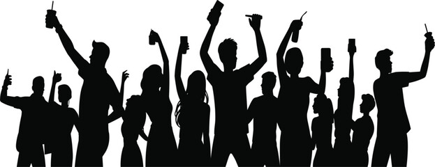 Crowd of people at concert silhouette, hands holding smartphones and drinks at music festival event