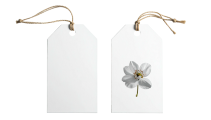 Two blank white tags, one with a delicate white flower