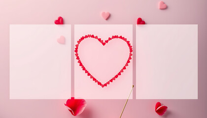 Valentine themed design layout featuring a heart shaped frame made of small red hearts with three blank copy space panels on a soft pink background for romantic templates and mockups.