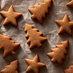 Gingerbread cookies in star and Christmas tree shapes on baking paper, homemade holiday baking background