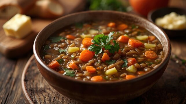 Taz&oacute;n de sopa nutritiva de lentejas con zanahorias, apio y perejil, tono c&aacute;lido y acogedor, comida reconfortante y saludable