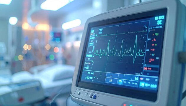 Close-up of a modern vital signs monitor in a hospital.