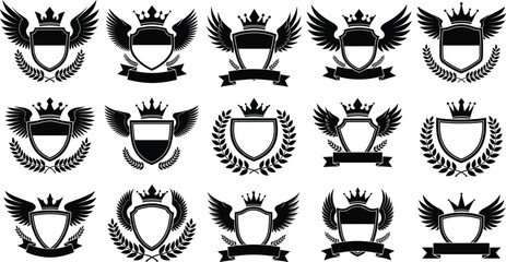 Collection of heraldic shield crests with royal crowns black wings laurel wreaths and blank ribbon banners for logo design.