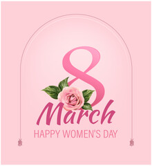 International Women&rsquo;s Day March 8 Greeting Card with Pink Gradient Background, Rose Flower and Elegant Typography, Feminine Floral Celebration Design.