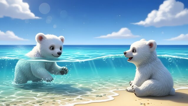 Two cute polar bear cubs playing in tropical turquoise ocean water. Climate change and wildlife concept. Small white bears swimming and sitting on a sandy beach under a blue sky
