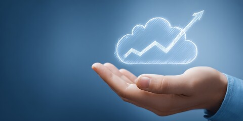 Cloud Computing Growth: Hand Holding a Cloud Icon with an Upward Arrow, Representing Cloud Technology, Data Growth, and Business Solutions in Digital Transformation Era
