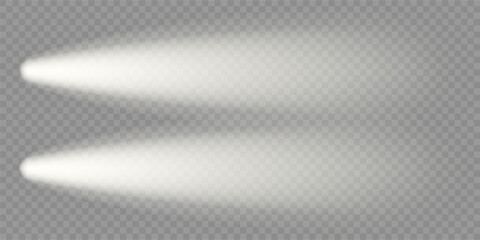 Car night lighting effect, top view. Front headlight flare. Led beam isolated on dark bg. Spotlight lamps illuminate black road. White flash glow on train head. Bright race vehicle, truck spots glare