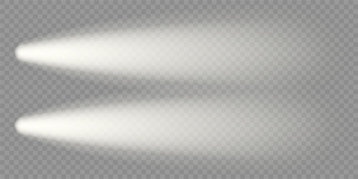 Car night lighting effect, top view. Front headlight flare. Led beam isolated on dark bg. Spotlight lamps illuminate black road. White flash glow on train head. Bright race vehicle, truck spots glare