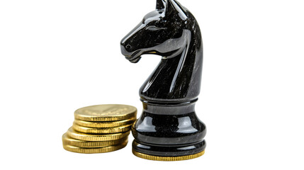 Glossy black knight chess piece with stack gold coins on white background, strategy luxury concept