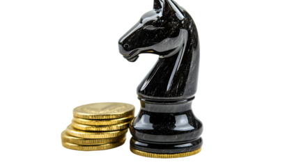 Glossy black knight chess piece with stack gold coins on white background, strategy luxury concept