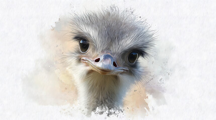 Close-up of a baby ostrich head with fluffy feathers and big eyes isolated on a transparent background