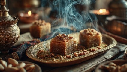 Traditional dessert featuring layers of flaky pastry topped with nuts, served on an ornate platter, with aromatic smoke rising, creating a warm, inviting atmosphere