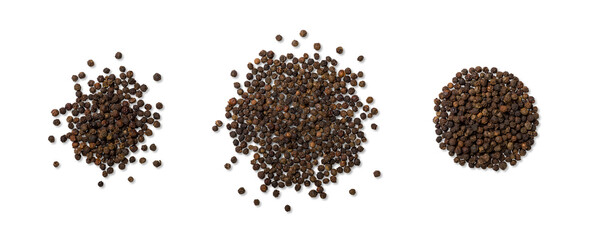 Top view of three piles of black peppercorns scattered in different arrangements, isolated on a transparent background. Natural whole black pepper, ideal for food design, packaging and culinary use.