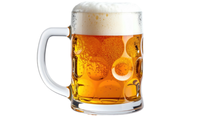 A classic glass stein filled with golden beer and a creamy white head