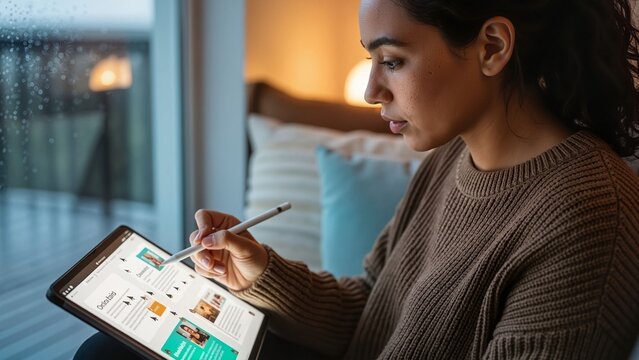 Young woman using tablet for remote work and collaboration at home   - Powered by Adobe