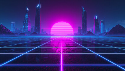 Immersive 80s retro wave digital grid landscape with neon sunset and futuristic city skyline silhouette