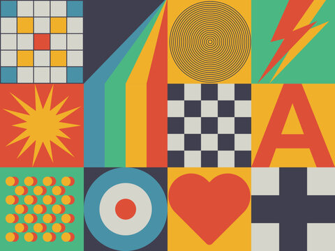 Retro Graphic Print with Abstract Elements in 60s Style, Colorful Vintage Background for Posters, Covers, and Creative Design Projects. Groovy style for nostalgia. Geometric simple shape. 