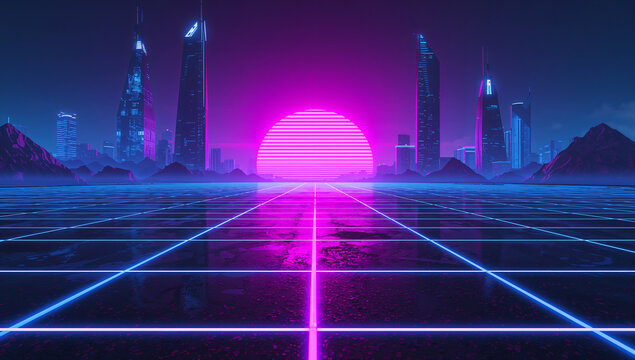 Immersive 80s retro wave digital grid landscape with neon sunset and futuristic city skyline silhouette - Powered by Adobe
