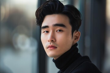 Stylish young asian man with trendy hairstyle posing by window, showcasing modern fashion and youthful confidence